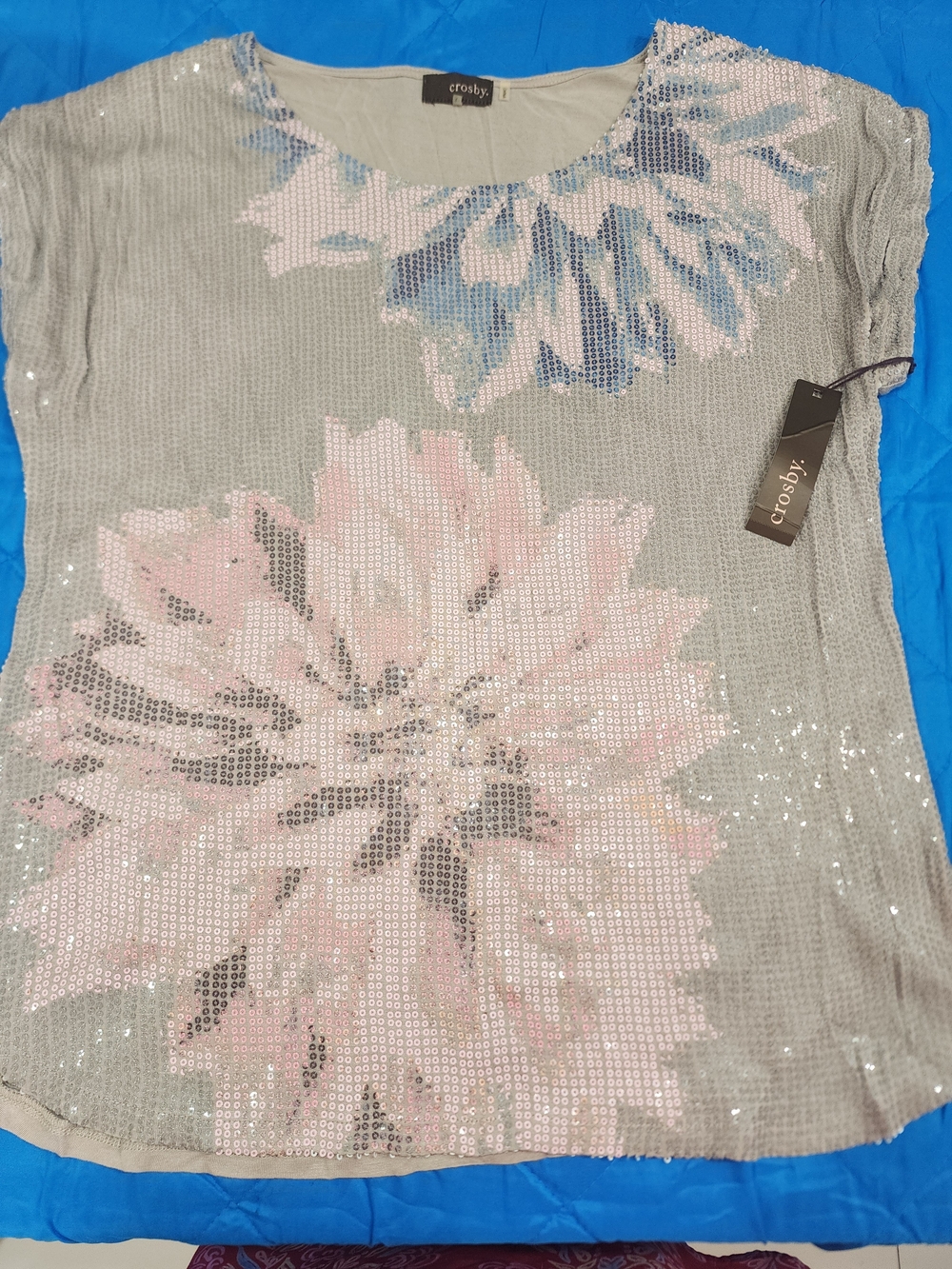 crosby. Gray Sequin Top with Pink and Blue Floral Appliqué